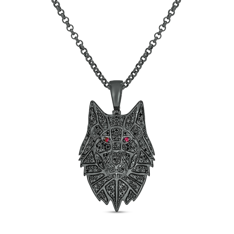 Main Image 1 of Men's 1 CT. T.W. Black Diamond and Lab-Created Ruby Wolf's Head Pendant in Sterling Silver with Black Rhodium