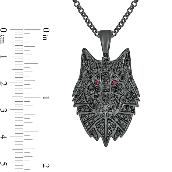 Men's 1 CT. T.w. Black Diamond and Lab-Created Ruby Wolf's Head Pendant in Sterling Silver with Black Rhodium