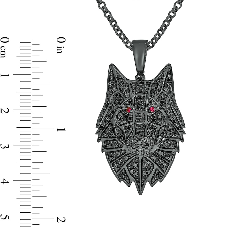 Main Image 2 of Men's 1 CT. T.W. Black Diamond and Lab-Created Ruby Wolf's Head Pendant in Sterling Silver with Black Rhodium