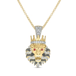 Men's 1 CT. T.W. Diamond and Lab-Created Ruby Lion's Head with Crown Pendant in Sterling Silver with 14K Gold Plate