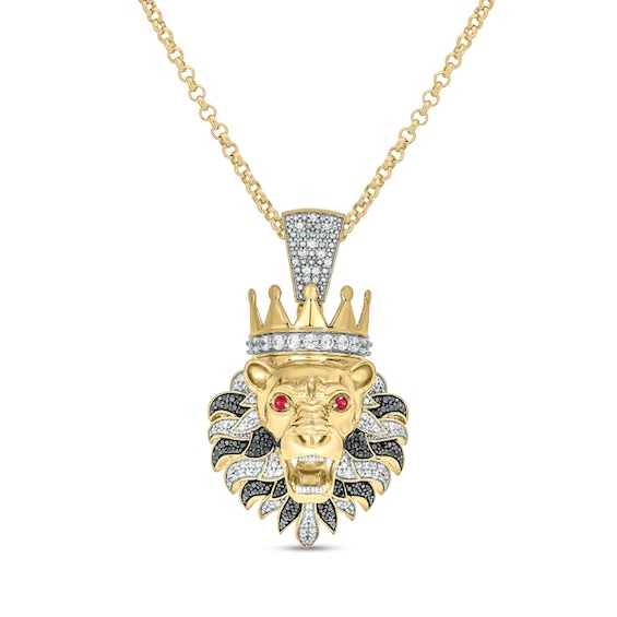 Men's 1 CT. T.w. Diamond and Lab-Created Ruby Lion's Head with Crown Pendant in Sterling Silver with 14K Gold Plate