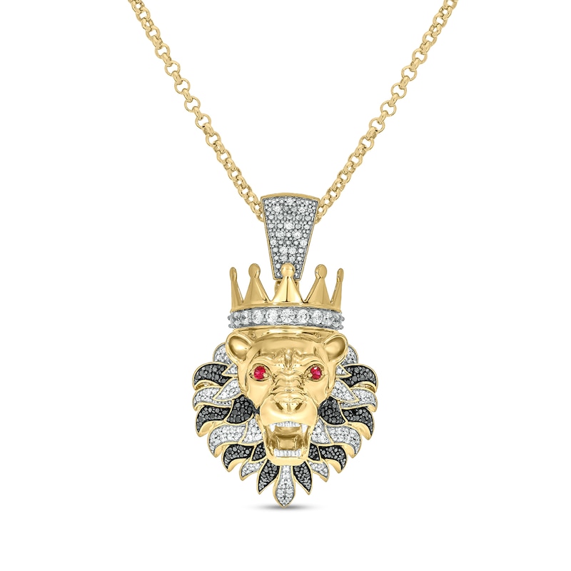 Men's 1 CT. T.W. Diamond and Lab-Created Ruby Lion's Head with Crown Pendant in Sterling Silver with 14K Gold Plate