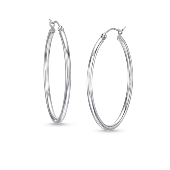 Oval 35.0mm Tube Hoop Earrings in Hollow 14K White Gold