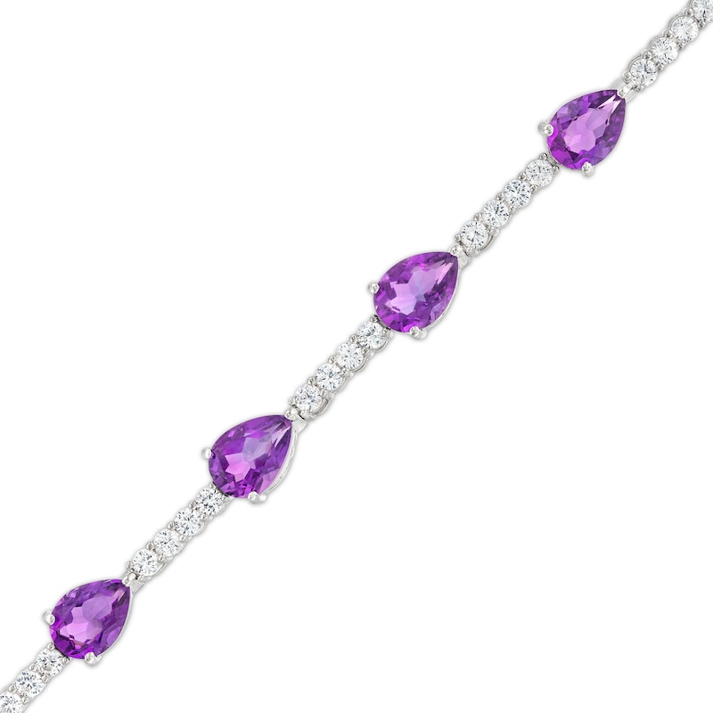 Pear-Shaped Amethyst and White Lab-Created Sapphire Station Line Bracelet in Sterling Silver - 7.25"