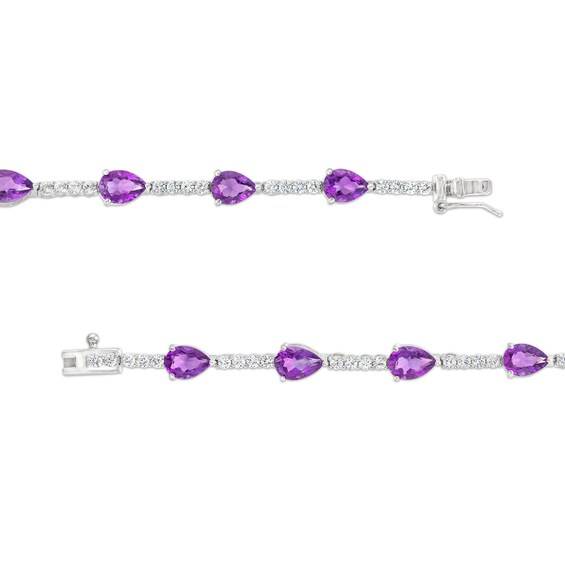 Pear-Shaped Amethyst and White Lab-Created Sapphire Station Line Bracelet in Sterling Silver - 7.25"