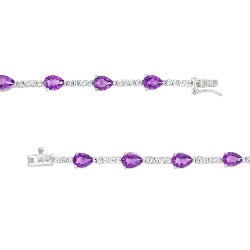 Pear-Shaped Amethyst and White Lab-Created Sapphire Station Line Bracelet in Sterling Silver - 7.25"