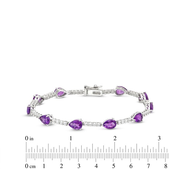 Pear-Shaped Amethyst and White Lab-Created Sapphire Station Line Bracelet in Sterling Silver - 7.25"