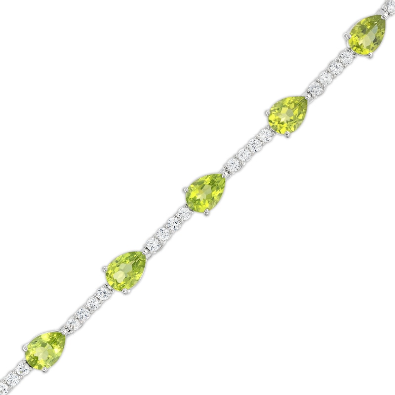 Main Image 1 of Pear-Shaped Peridot and White Lab-Created Sapphire Station Line Bracelet in Sterling Silver - 7.25"