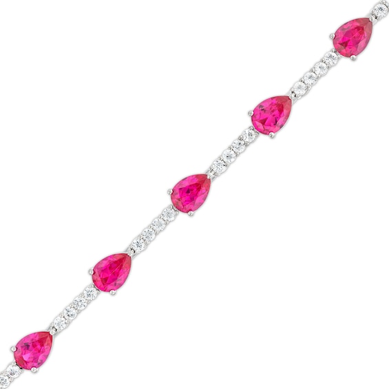 Pear-Shaped Lab-Created Ruby and White Lab-Created Sapphire Station Line Bracelet in Sterling Silver - 7.25"