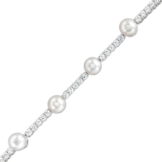 Freshwater Cultured Pearl and White Lab-Created Sapphire Station Line Bracelet in Sterling Silver-7.25"
