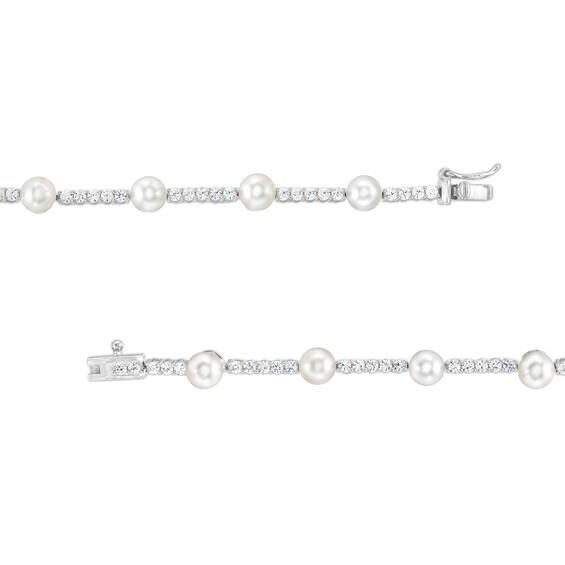 Freshwater Cultured Pearl and White Lab-Created Sapphire Station Line Bracelet in Sterling Silver-7.25"