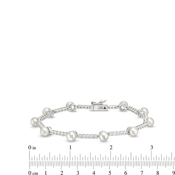 Freshwater Cultured Pearl and White Lab-Created Sapphire Station Line Bracelet in Sterling Silver-7.25"