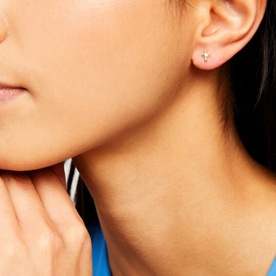 Puffed Cross Stud Earrings in 14K Gold