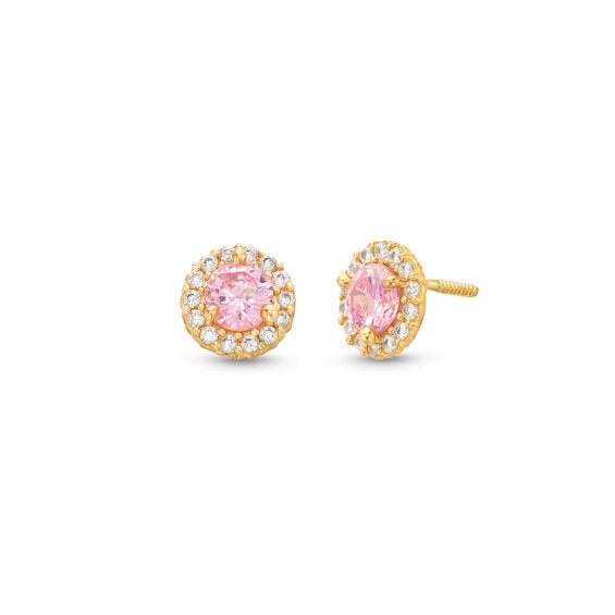 Child's 4.0mm Pink and White Cubic Zirconia Frame Stud Earrings in 14K Gold