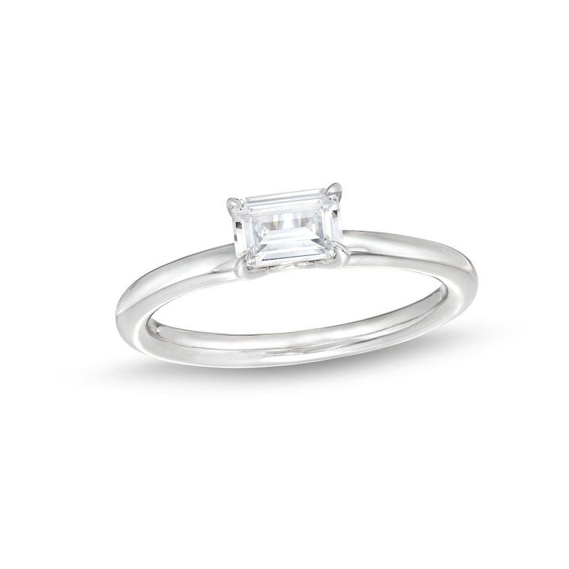 Main Image 1 of 1/2 CT. Emerald-Cut Diamond Sideways Solitaire Ring in 14K White Gold (I/I2)