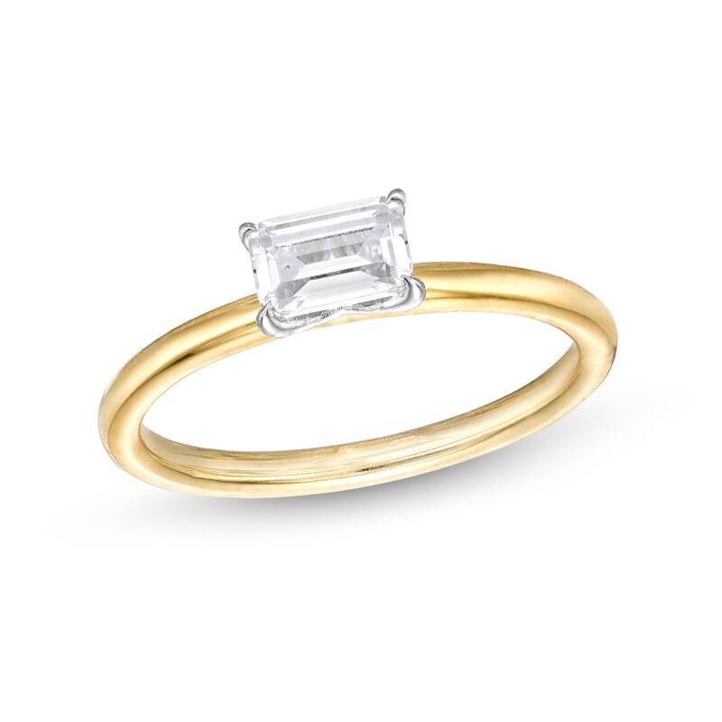 Main Image 1 of 1/2 CT. Emerald-Cut Diamond Sideways Solitaire Ring in 14K Two-Tone Gold (I/I2)