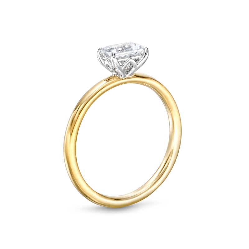 Main Image 3 of 1/2 CT. Emerald-Cut Diamond Sideways Solitaire Ring in 14K Two-Tone Gold (I/I2)