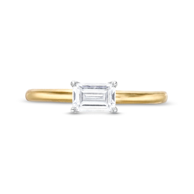 Main Image 4 of 1/2 CT. Emerald-Cut Diamond Sideways Solitaire Ring in 14K Two-Tone Gold (I/I2)