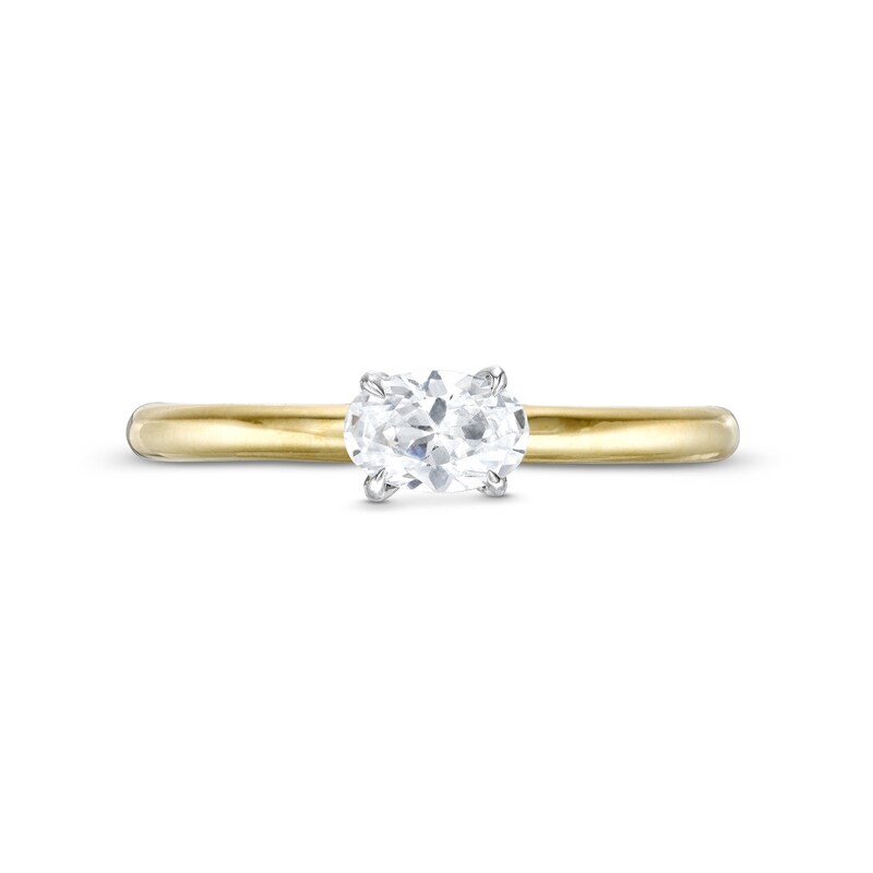 Main Image 4 of 1/2 CT. Oval Diamond Sideways Solitaire Ring in 14K Two-Tone Gold (I/I2)