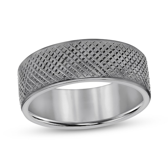 Menâs 8.0mm Satin Crosshatch Engravable Wedding Band in Tantalum (1 Line) - Size 10