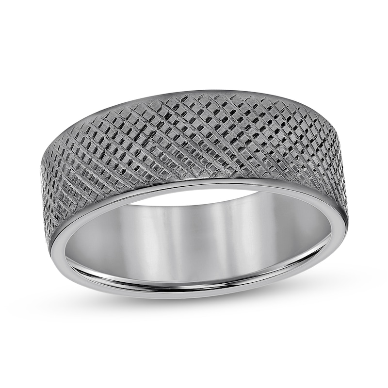 Main Image 1 of Men’s 8.0mm Satin Crosshatch Engravable Wedding Band in Tantalum (1 Line) - Size 10
