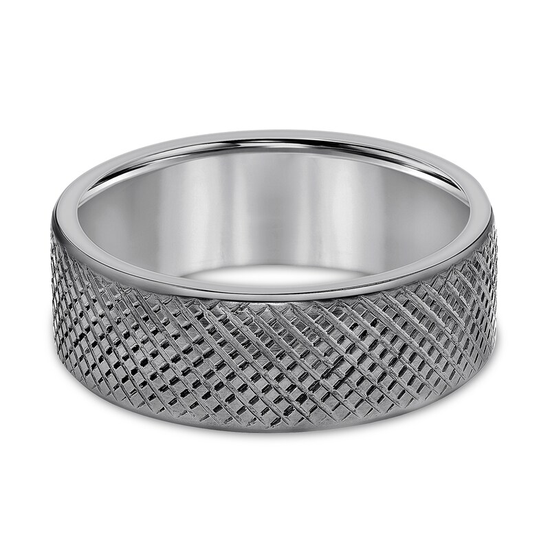 Main Image 3 of Men’s 8.0mm Satin Crosshatch Engravable Wedding Band in Tantalum (1 Line) - Size 10