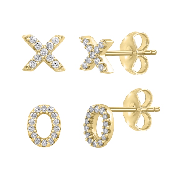 1/10 CT. T.w. Diamond Mismatch "Xo" Stud Earrings in Sterling Silver and 14K Gold Plate