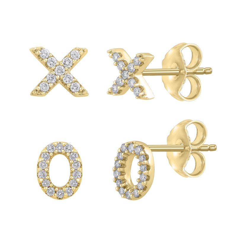 Main Image 1 of 1/10 CT. T.W. Diamond Mismatch "XO" Stud Earrings in Sterling Silver and 14K Gold Plate