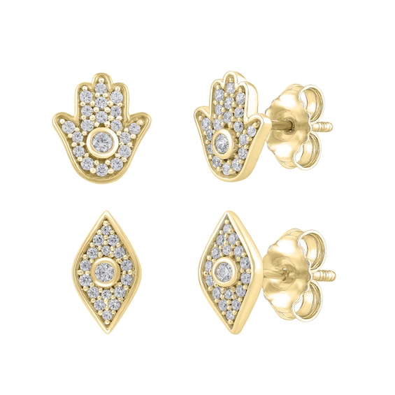 1/6 CT. T.w. Diamond Mismatch Hamsa and Evil Eye Stud Earrings in Sterling Silver and 14K Gold Plate