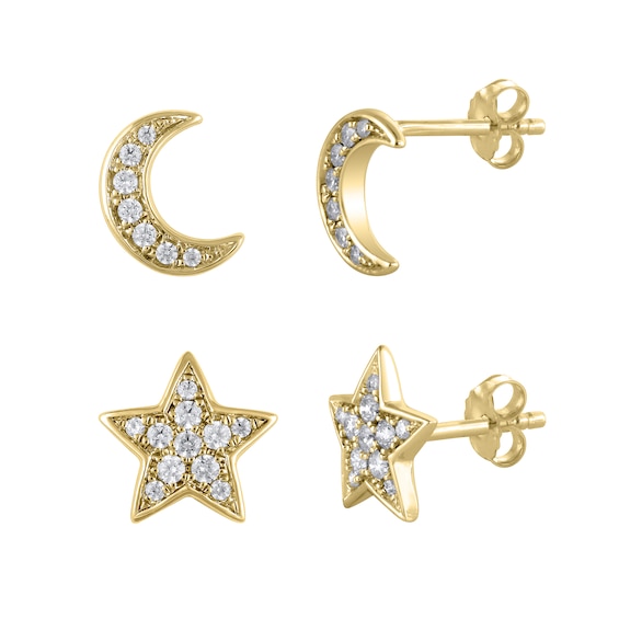 1/8 CT. T.w. Diamond Mismatch Crescent Moon and Star Stud Earrings in Sterling Silver and 14K Gold Plate