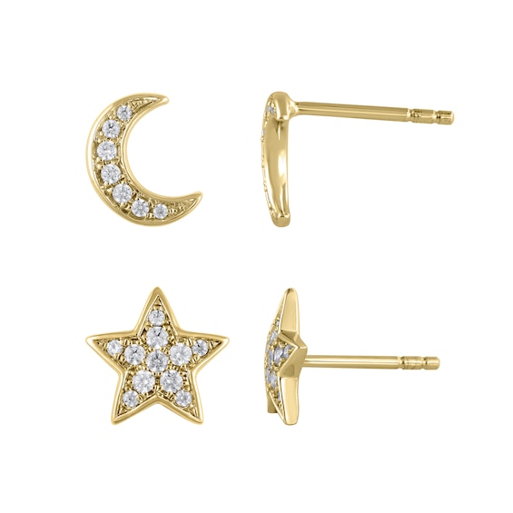 1/8 CT. T.w. Diamond Mismatch Crescent Moon and Star Stud Earrings in Sterling Silver and 14K Gold Plate