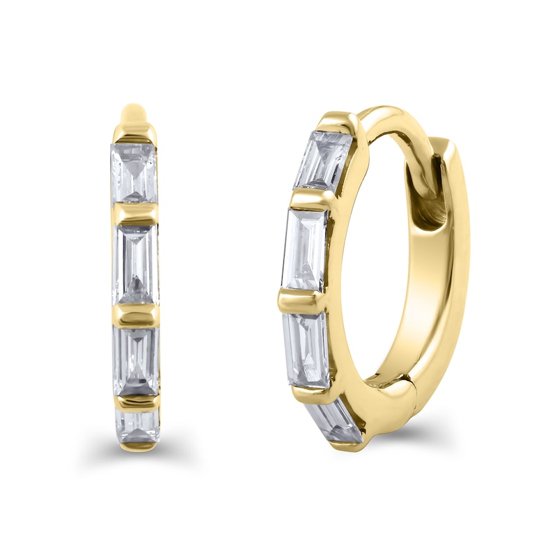 Main Image 1 of 1/10 CT. T.W. Baguette Diamond Huggie Hoop Earrings in 10K Gold