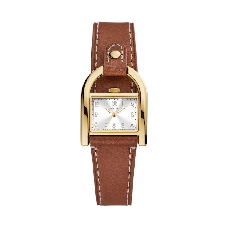 Main Image 1 of Ladies' Fossil Harwell Gold-Tone Brown Leather Strap Watch with Rectangle White Dial (Model: ES5264)