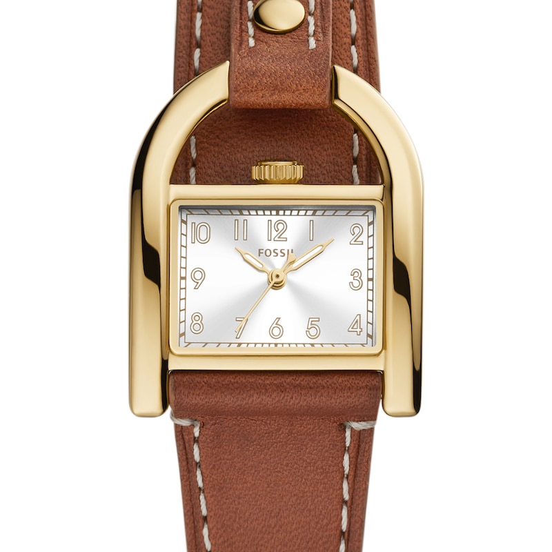 Main Image 4 of Ladies' Fossil Harwell Gold-Tone Brown Leather Strap Watch with Rectangle White Dial (Model: ES5264)