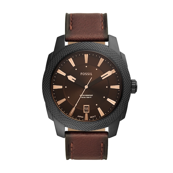 Men's Fossil Machine Dark Brown Leather Strap Watch with Textured Black Dial (Model: Fs5972)