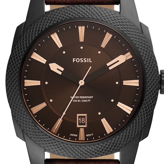 Men's Fossil Machine Dark Brown Leather Strap Watch with Textured Black Dial (Model: Fs5972)