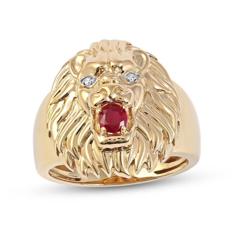 Men's Diamond & Lab-Created Ruby Lion Ring 1/2 ct tw Round-cut 10K Yellow  Gold