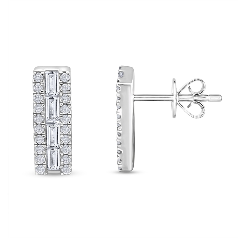 Main Image 1 of 3/8 CT. T.W. Baguette Diamond Edge Bar Stud Earrings in 10K White Gold