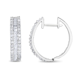 1 CT. T.W. Baguette and Round Diamond Edge Huggie Hoop Earrings in 10K White Gold