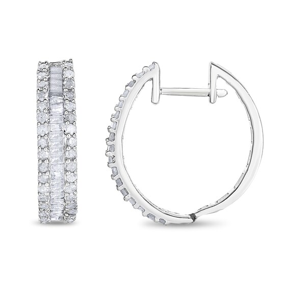 1 CT. T.w. Baguette and Round Diamond Edge Huggie Hoop Earrings in 10K White Gold
