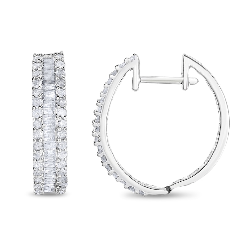 Main Image 1 of 1 CT. T.W. Baguette and Round Diamond Edge Huggie Hoop Earrings in 10K White Gold