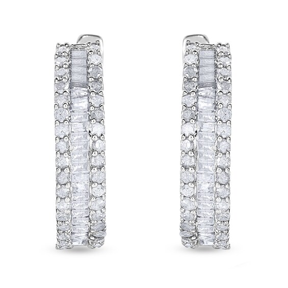 1 CT. T.w. Baguette and Round Diamond Edge Huggie Hoop Earrings in 10K White Gold