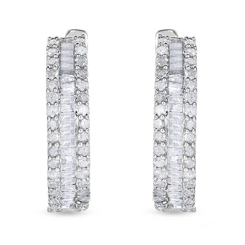 Main Image 2 of 1 CT. T.W. Baguette and Round Diamond Edge Huggie Hoop Earrings in 10K White Gold