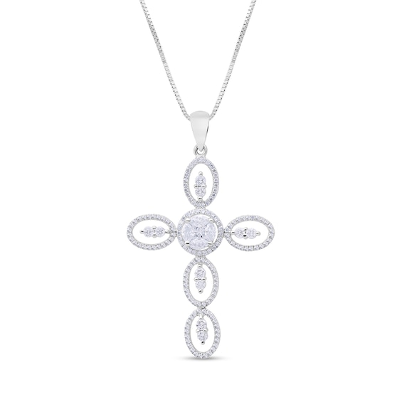 7/8 CT. T.w. Diamond Ovals Cross Pendant in 10K White Gold