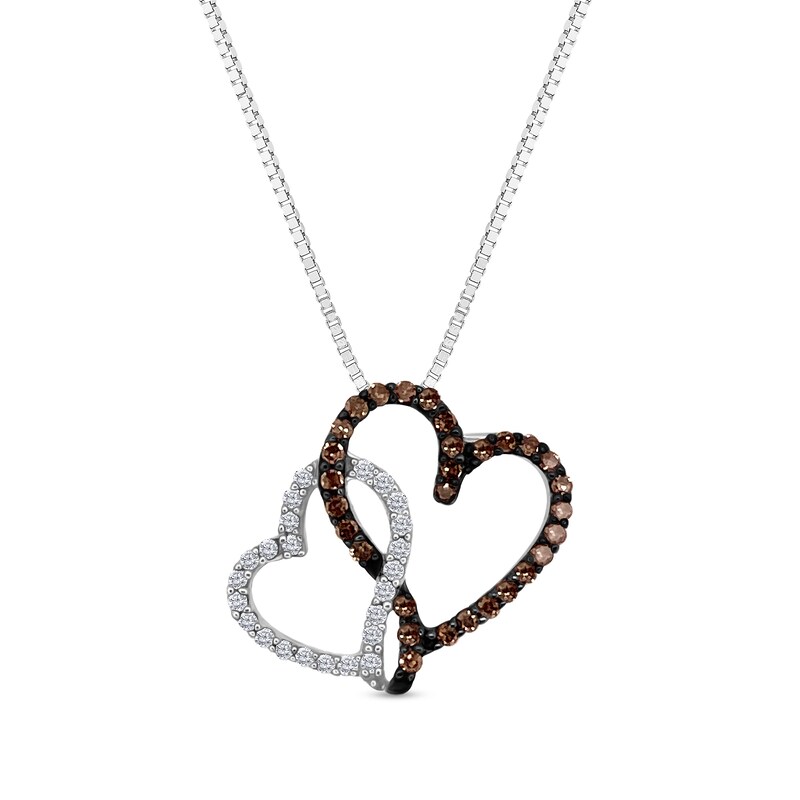 Main Image 1 of 1/5 CT. T.W. Champagne and White Diamond Offset Interlocking Hearts Pendant in Sterling Silver