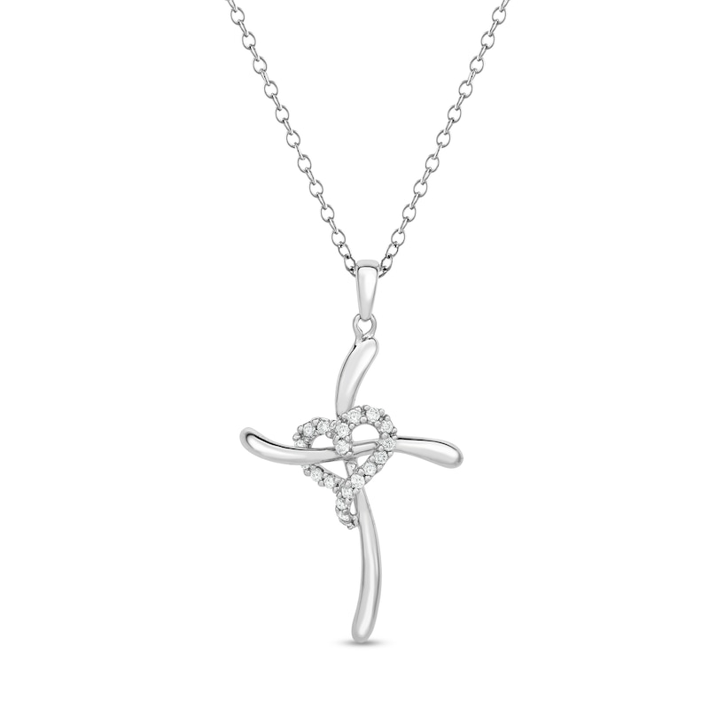 Main Image 1 of 1/10 CT. T.W. Diamond Heart Wavy Cross Pendant in Sterling Silver