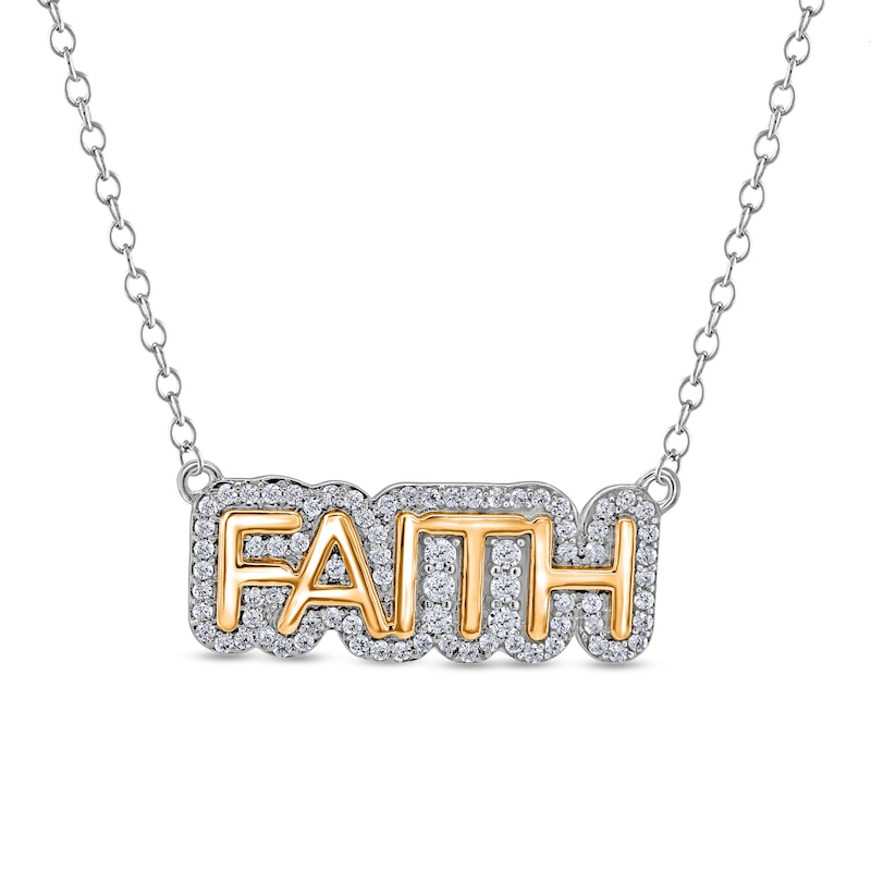 Main Image 1 of 1/4 CT. T.W. Diamond Outlined "FAITH" Necklace in Sterling Silver and 14K Gold Plate