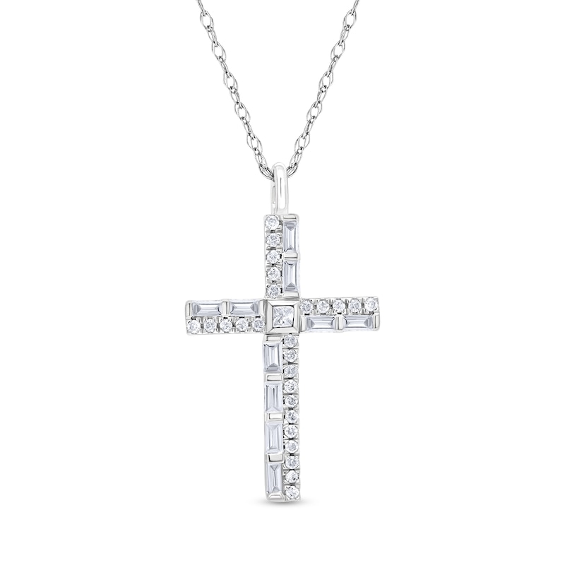 Main Image 1 of 1/3 CT. T.W. Multi-Shaped Diamond Cross Pendant in 10K White Gold