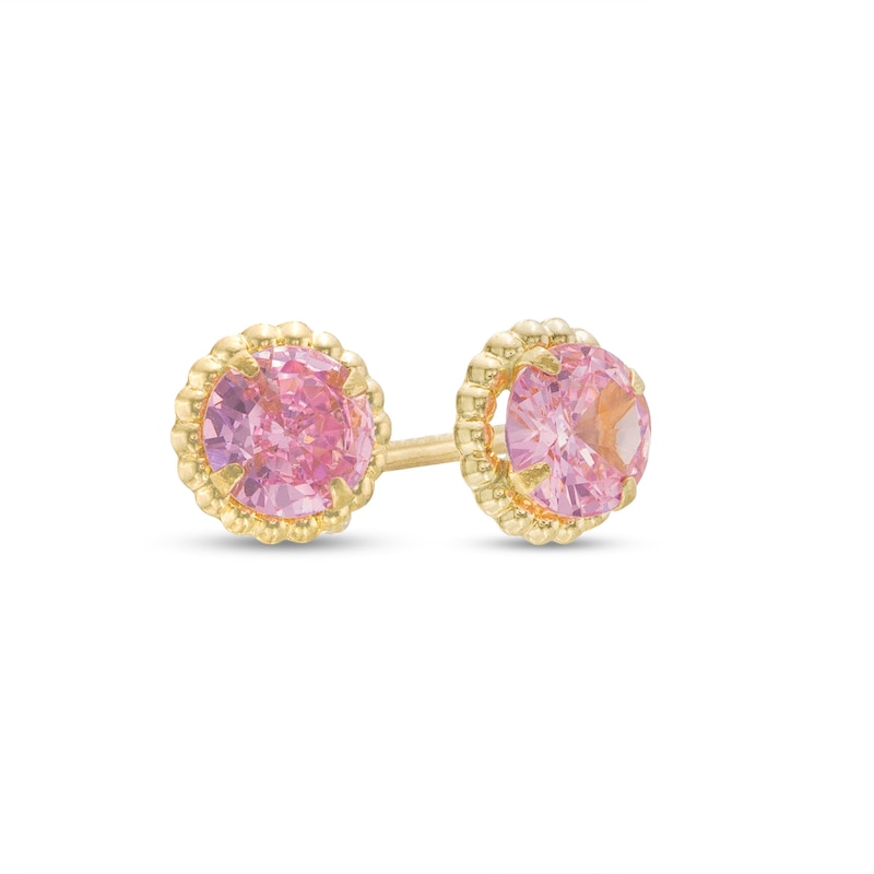 Main Image 1 of Child's Pink Cubic Zirconia Beaded Frame Stud Earrings in 14K Gold