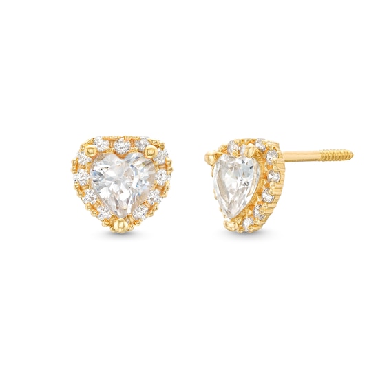 Child's Cubic Zirconia Frame Heart Stud Earrings in 14K Gold